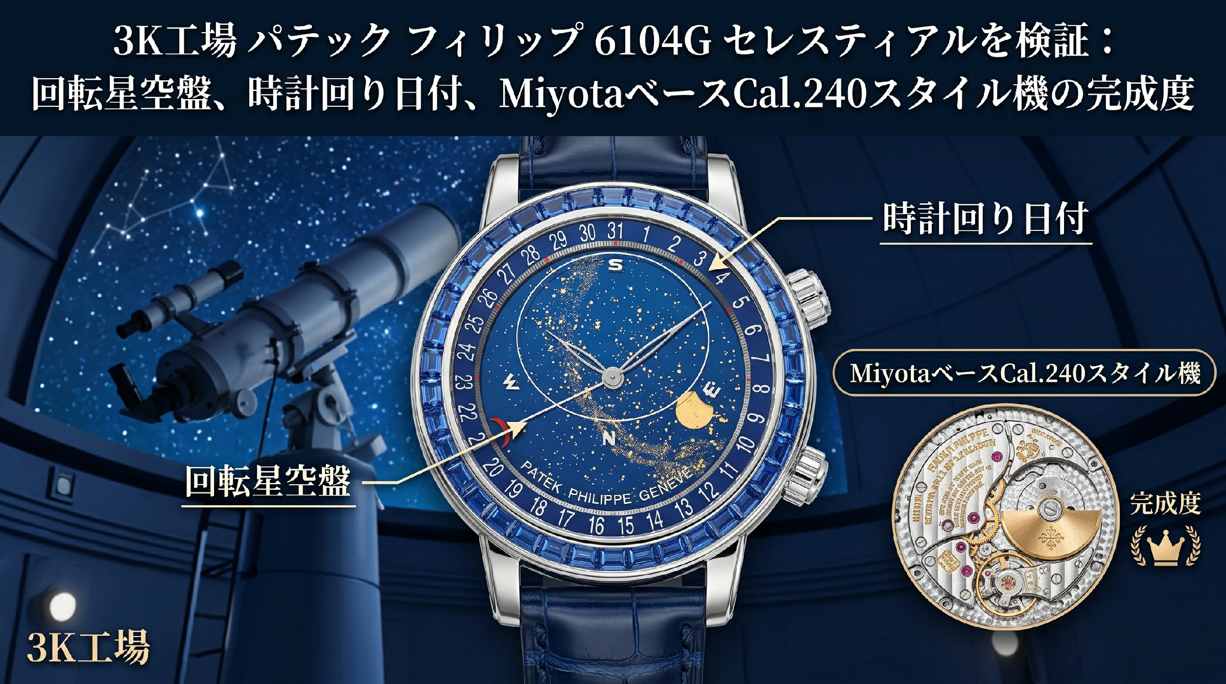 3K工場 パテック フィリップ 6104G セレスティアルを検証：回転星空盤、時計回り日付、MiyotaベースCal.240スタイル機の完成度